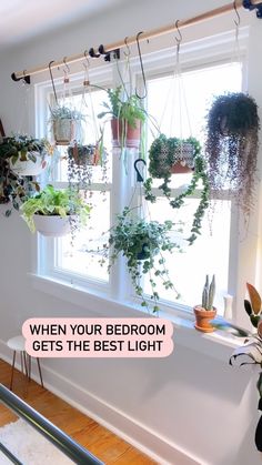 a window with plants hanging from it and the words when your bedroom gets the best light