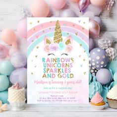 a unicorn birthday party with cupcakes and balloons