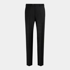 Available on their own or as part of a suit, these classic black Brescia suit pants are tailored to a slim fit and feature a flat front, slanted side pockets and belt loops. Black Dress Pants With Concealed Placket For Business, Classic Black Dress Pants With Concealed Placket, Black Business Dress Pants With Pressed Crease, Business Black Dress Pants With Pressed Crease, Black Flat Front Business Pants, Black Flat Front Pants For Business, Black Flat Front Dress Pants For Business, Sleek Business Dress Pants With Belt Loops, Black Flat Front Bottoms With Pressed Crease