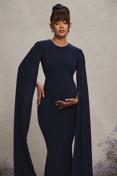 Dress With Cape Sleeves, Dress With Cape, Long Cape, Sleek Bun, Maternity Maxi Dress, Divine Timing, Black Dress Prom, Black Tie Gala, Maternity Maxi