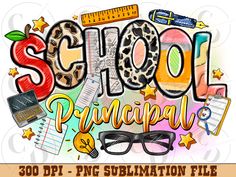 the school principals logo with glasses and pencils, books, rulers, rulers