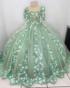 Vestido Verde Sage Princess Quinceanera Dresses with Sleeves Floral 3D Applique Leave vestidos de 15 años Prom Lace Up Quinceanera Dresses With Sleeves, Verde Sage, Princess Quinceanera Dresses, 3d Applique, Flora Dress, Modest Prom, Plus Size Prom, Wedding Dresses With Flowers, Wedding Flower Girl Dresses