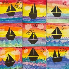 four paintings with boats on them in different colors and sizes, each painted by children