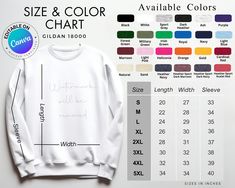 a white sweatshirt with the size and color chart