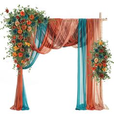 an orange and blue wedding arch decorated with flowers