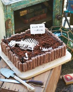 there is a cake that looks like a skeleton in the dirt with bones on it