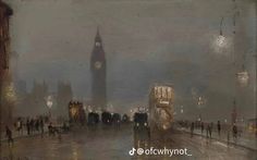 an oil painting of big ben in the foggy night with people walking on the sidewalk