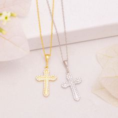 This is a beautiful cross necklace set studded with real natural diamonds. The diamonds are of high quality and the chain is strong. The real solid is set to 14Kt Gold and the chain is also 14Kt Gold. MATERIALS - Material: 925K Sterling Silver - Finish: Silver, Gold Plated - Size: All sizes from 12 Inches to 22 Inches are available. - Chain Style: Cable - Cross Length : 22.5 mm ; Cross Width : 14.4 mm All of our jewelry is hypoallergenic, water-resistant, and tarnish-resistant. All our work is custom-made by hand and made to order in our workshop.  HOW TO ORDER - Please choose your Necklace Color - Please choose your Necklace Length - Add to cart and proceed to checkout Please feel free to contact me if you have any questions. ♥♥Thank you so much for your order.♥♥ PROCESSING TIME - All ite Gold Diamond Cross Necklace, Christian Cross Necklace, Diamond Cross Necklace Gold, Diamond Cross Necklace, Diamond Cross Necklaces, Beautiful Cross, Necklace Diamond, Diamond Cross, Jewelry Diamond