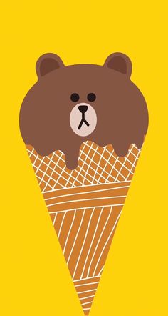 an ice cream cone with a brown bear sticking out of it's center, on a yellow background