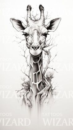 a black and white drawing of a giraffe's head with vines coming out of it