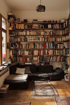 a living room filled with furniture and lots of books on the shelves next to a window