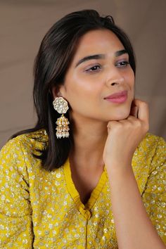 22Kt matte gold plated jhumka earrings with kundan and pearls embellishments. - Aza Fashions Jhumka Earrings, Matte Gold, Aza Fashion, Online Jewelry, Embellishments, Color Mixing, Jewelry Earrings, Sparkle, Gold