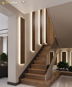 the stairs are lit up with leds in this modern home interior design, which features wood paneling and white walls