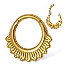 a pair of gold colored hoop earrings on a white background with clipping for text