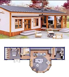 the floor plan for a small house with an attached porch and living room, dining area