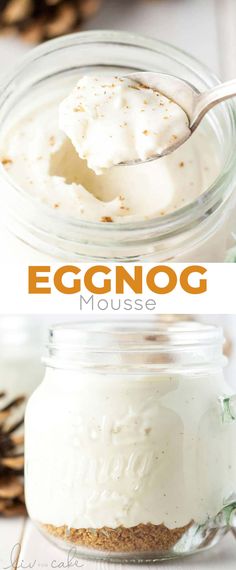 an eggnog mousse in a glass jar with a spoon on top