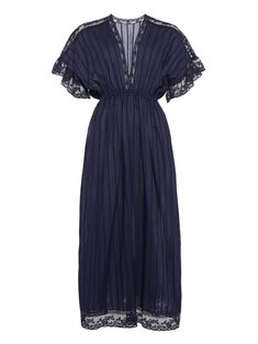 navy blue cotton lace trim vertical stripe pattern plunging V-neck short sleeves elasticated waistband scallop hem maxi V-neck Lined Maxi Dress For Daywear, Elegant Short Sleeve Maxi Dress, V-neck Lace Dress For Loungewear, Daywear V-neck Lined Maxi Dress, V-neck Lace Loungewear Dress, Blue Lace Trim Maxi Dress For Daywear, Blue Maxi Dress With Lace Trim For Daywear, V-neck Lace Trim Daywear Dresses, V-neck Lace Trim Day Dress