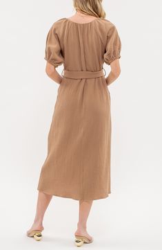 Layer and accessorize this smart midi dress however you want for a look that easily switches from the 9-to-5 to after-hours-ready in seconds. 49" length Slips on over head Crewneck Short sleeves On-seam pockets Removable tie belt Unlined 100% cotton Hand wash, dry flat Imported Nordstrom Store, Shirtdress, Anniversary Sale, Tie Belt, Nordstrom Rack, Puff Sleeve, Midi Dress, Hand Wash, Short Sleeves