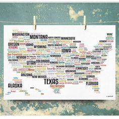 a map of the united states is hanging on a clothesline with words written all over it