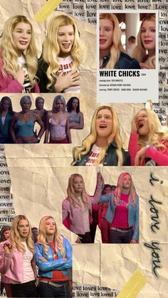 the collage shows many different images of women with blonde hair and pink shirts, one woman