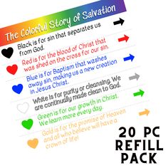 the colorful story of salvation is written in different colors and font on a white background