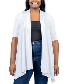 in stock Fall Stretch Short Sleeve Cardigan, White Shrug For Spring Layering, White Open Front Top For Fall, White Open Front Tops For Fall, Short Sleeve Cardigan For Fall, Solid Short Sleeve Cardigan For Fall, White Stretch Cardigan For Layering, White Stretch Open Front Top, Versatile White Stretch Outerwear