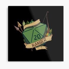 a metal sign that says ranger with an arrow and some leaves on it, in front of a black background