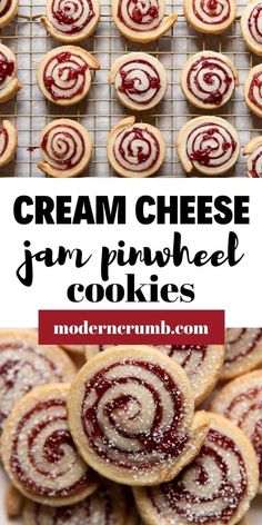 cream cheese jam pinwheel cookies on a cooling rack with text overlay that reads, cream cheese jam pinwheel cookies