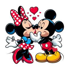 two mickey and minnie mouses kissing each other with hearts in the air behind them