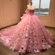 Pink Princess Dress Fairytale, Pink Dress For Wedding, Ball Gown Ideas, Fairy Ball Gown, Floral Princess Dress, Fairytale Wedding Gown, Princess Dress Fairytale, Pink Princess Dress, Quinceanera Dresses Pink