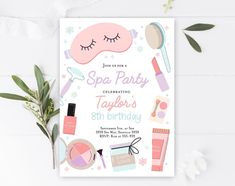 a birthday party card with cosmetics and eye shadow on it, surrounded by greenery