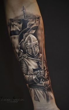 Knight Tattoos, Tattoo Medieval, Gladiator Tattoo, Inner Bicep Tattoo, Templar Knight