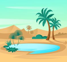 an image of a desert scene with palm trees and a pool in the foreground