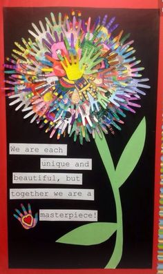 a flower made out of handprints on a bulletin board with the words, we are