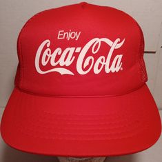 Vintage Early 80's Enjoy Coca-Cola Foam/Mesh Snapback Trucker Hat Cap. Condition Is New Without Tags. Retro Mesh Trucker Hat, Retro Mesh Cap, Red Retro Trucker Hat For Streetwear, Retro Red Trucker Hat, Vintage Red Trucker Hat For Outdoor, Retro Sports Hats For Summer, Vintage Cap, Accessories Vintage, A Color