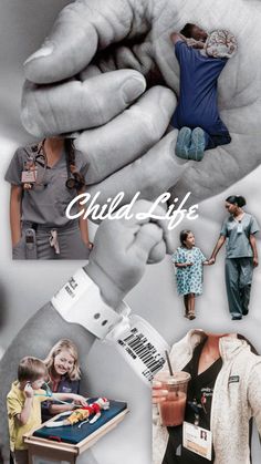 a collage of photos with people holding hands and the words child life above them