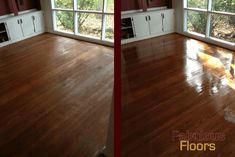 the before and after photo of a wood floor in a living room with red walls