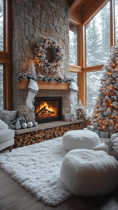 a living room filled with furniture and a fire place next to a window covered in snow