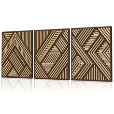 three pieces of art that are made out of wood and have geometric designs on them