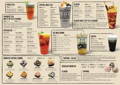 a menu with different types of drinks on it