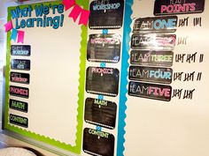 a classroom wall with chalkboard writing on it that says what we're learning