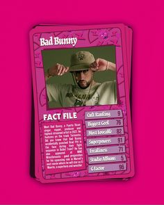 a pink card with an image of a man wearing a hat on it's face