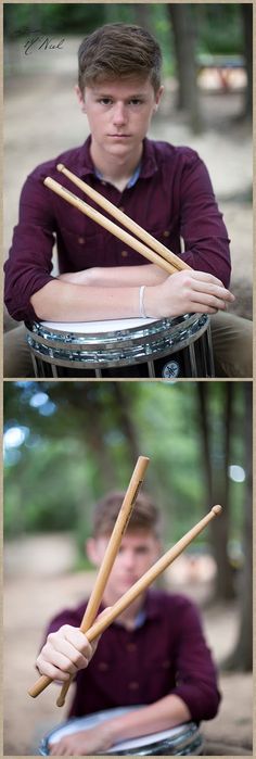 two photos of a man holding drums in front of him