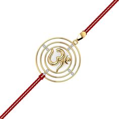 A rakhi (bracelet made of thread, having a solid gold pendant in the center to which the thread is tied) that is made of 18K gold with diamonds. Three concentric circles enclosing the divine Om inside of it. Each of the loops are joined to each other through strategically placed diamonds that act as the connection between adjacent loops. This religious gold rakhi can also be worn as a pendant. Satin threads are provided on either side and it comes in a beautiful gift-ready box along with kumkum- Gold Rakhi, Concentric Circles, Raksha Bandhan, Jewelry Business, The Divine, Pretty Jewellery, Chain Link Bracelet, Gold Pendant, Bracelet Making