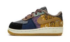 The Travis Scott x Nike Air Force 1 Low TD “Cactus Jack” is the toddler sizing of the Houston rapper’s sought-after collaboration with Nike.  The patchwork-clad construction intentionally looks as if it were plucked from Nike’s former Bespoke Design Lab in Manhattan and doubles as a tribute to Scott’s childhood hometown of Missouri City, Texas.  Sturdy canvas patches appear all-over the upper in shades of brown, lilac, dark blue and black.  A brown canvas Swoosh covers the lateral side with a ca Travis Scott Shoes, Nike X Travis Scott, Nike Force 1, Nike Shoe, Street Style Shoes, Nike Force, Gold Canvas, Cactus Jack, Hype Shoes