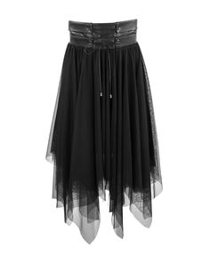 a black skirt with sheer tulle on the bottom and belt at the waist,