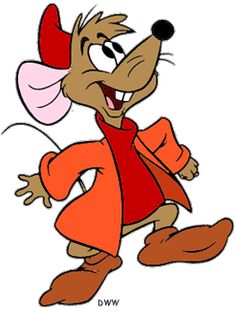 a cartoon mouse wearing an orange dress and holding a pink flower in one hand while running