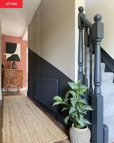 a plant in a pot sitting on the floor next to a stair case