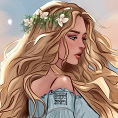 a drawing of a woman with long blonde hair and flowers in her hair, wearing an off the shoulder top