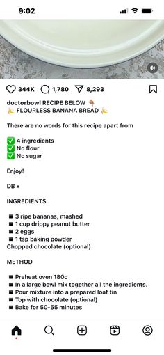 Flourless Banana Bread, 4 Ingredients, Large Bowl, Baking Powder, Banana Bread, Peanut Butter